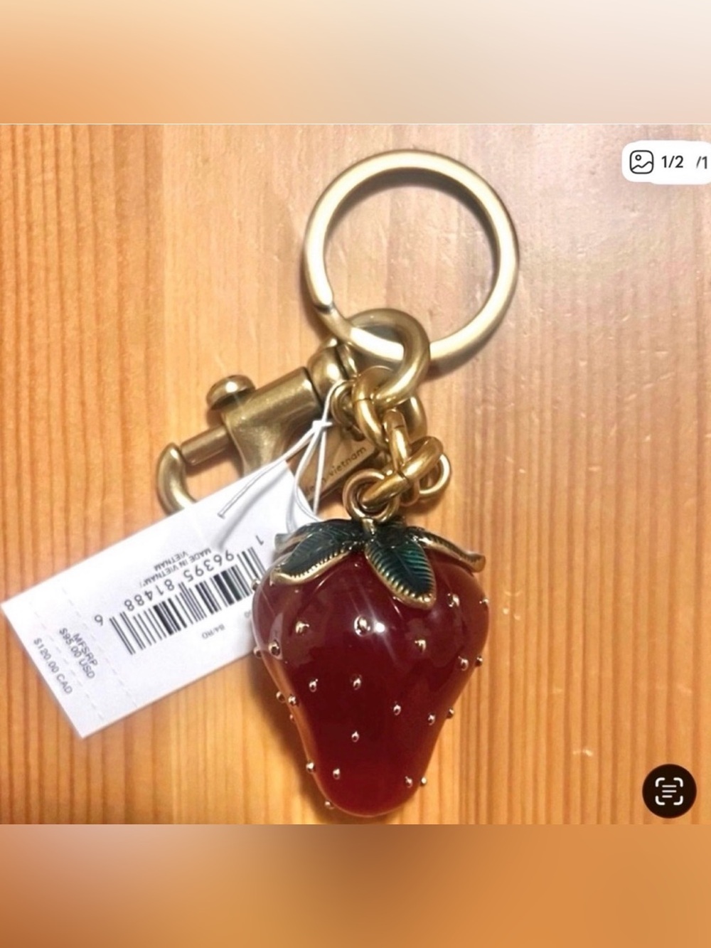 COACH Gold-Tone Strawberry Keychain Bag Charm